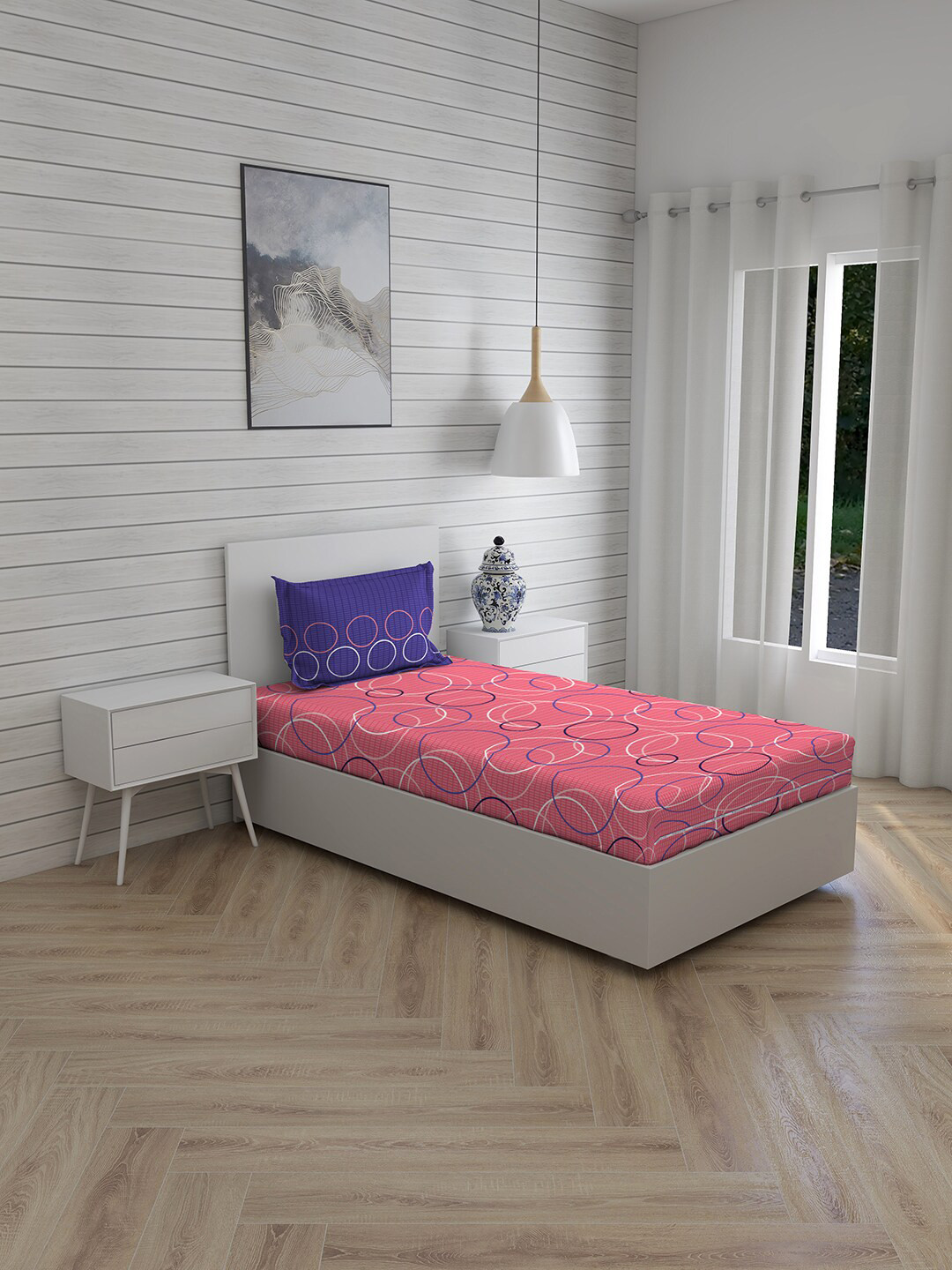 

Layers Pink & Blue Geometric 104 TC Single Bedsheet with 1 Pillow Covers