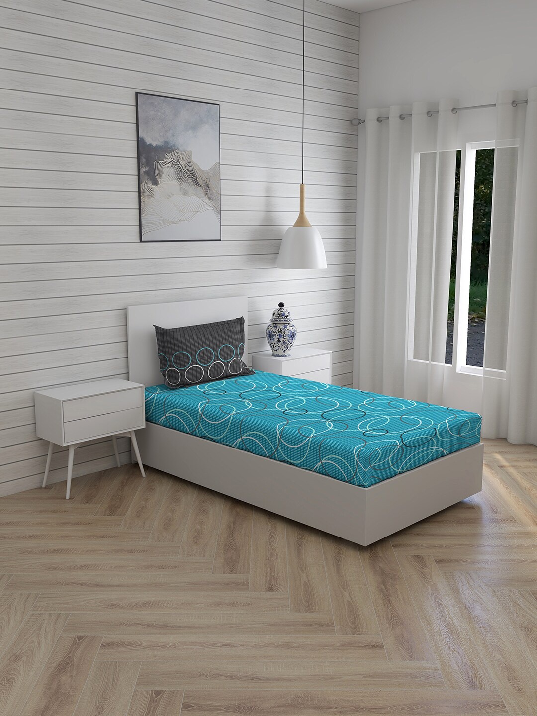 

Layers Blue & White Geometric 104 TC Single Bedsheet with 1 Pillow Covers