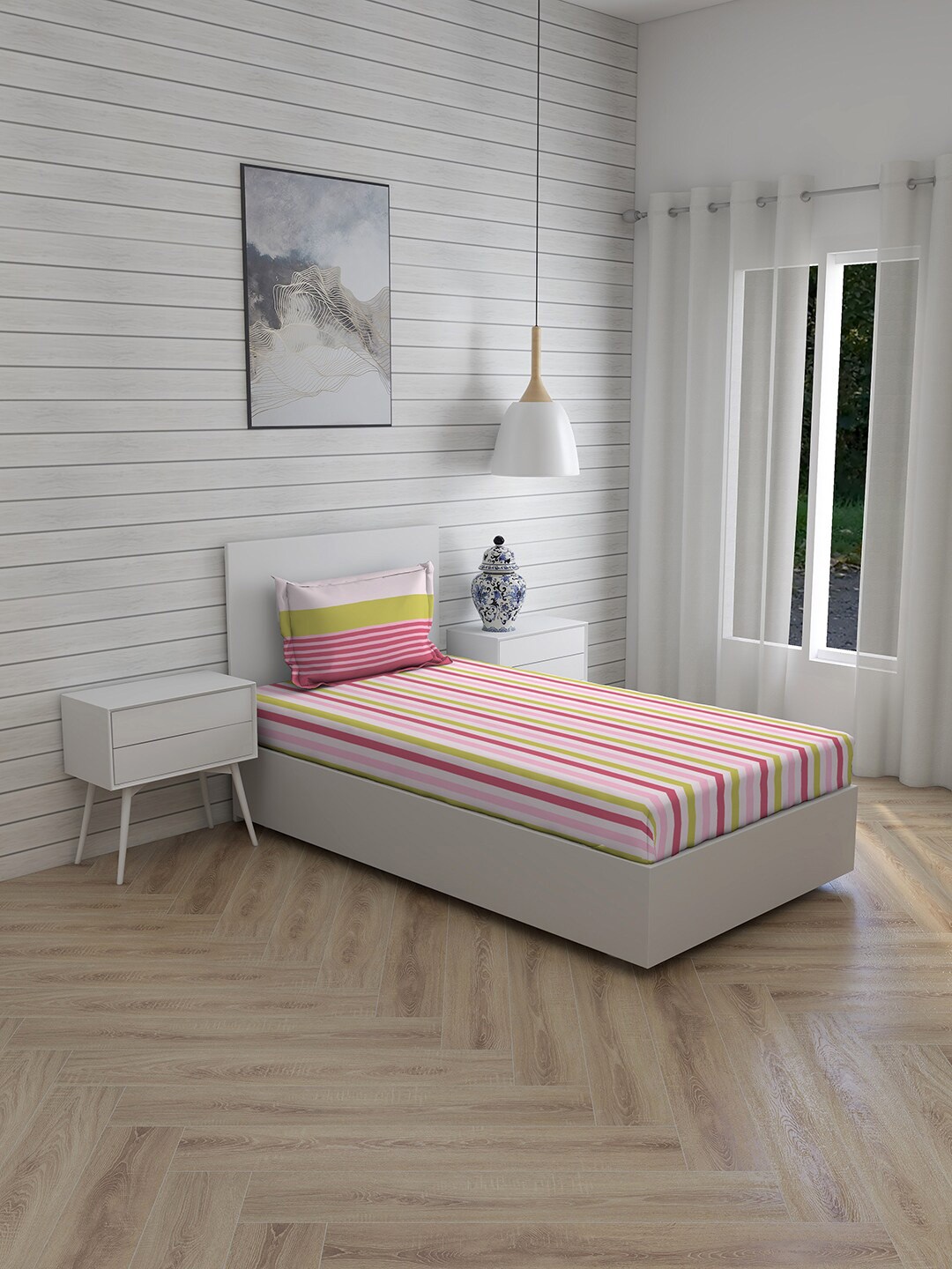 

Layers Pink & White Striped 104 TC Single Bedsheet with 1 Pillow Cover