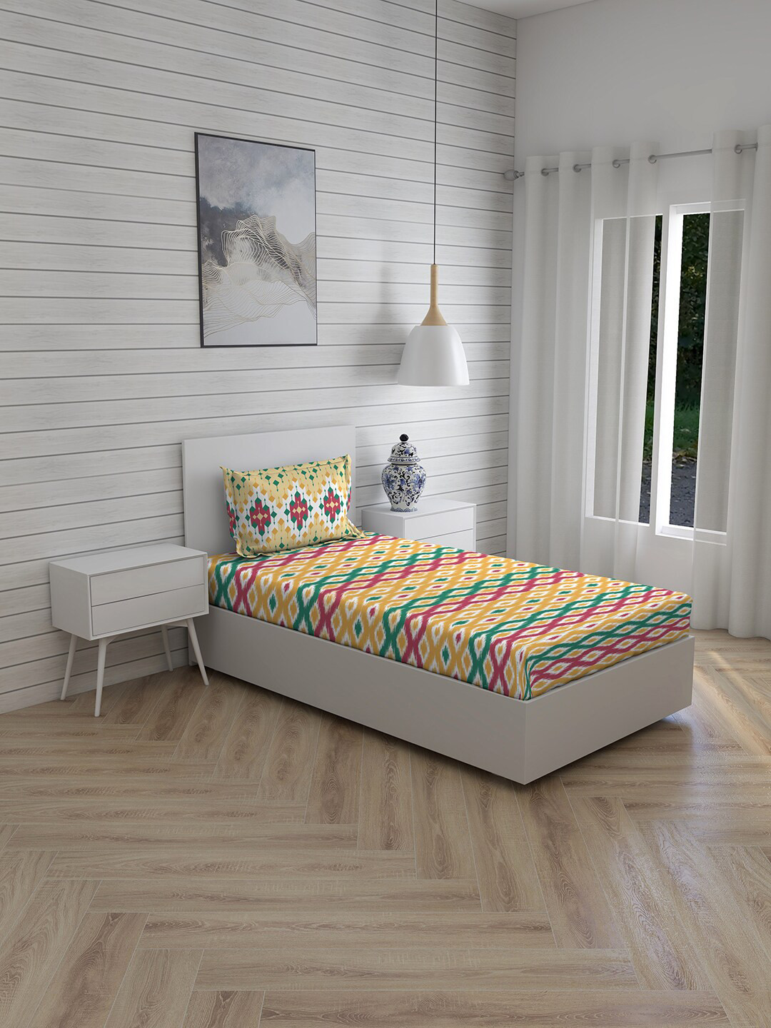 

Layers Yellow & Green Geometric 104 TC Single Bedsheet with 1 Pillow Covers
