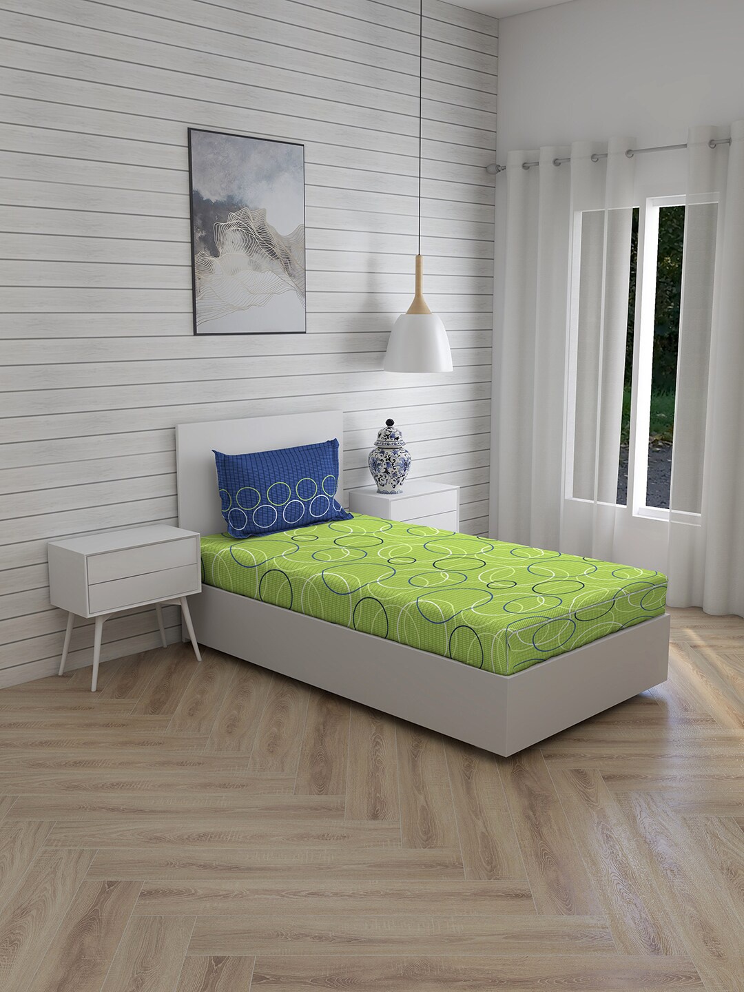

Layers Green & Blue Geometric 104 TC Single Bedsheet with 1 Pillow Cover