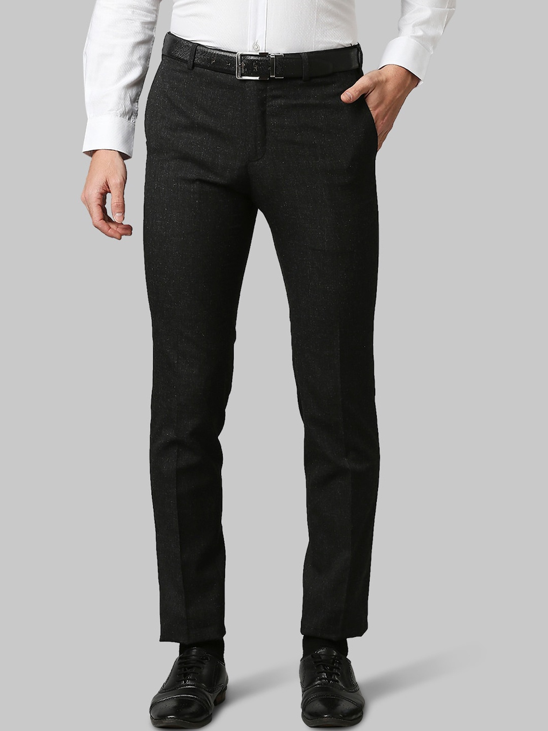 

Raymond Men Grey Textured Slim Fit Trousers, Black