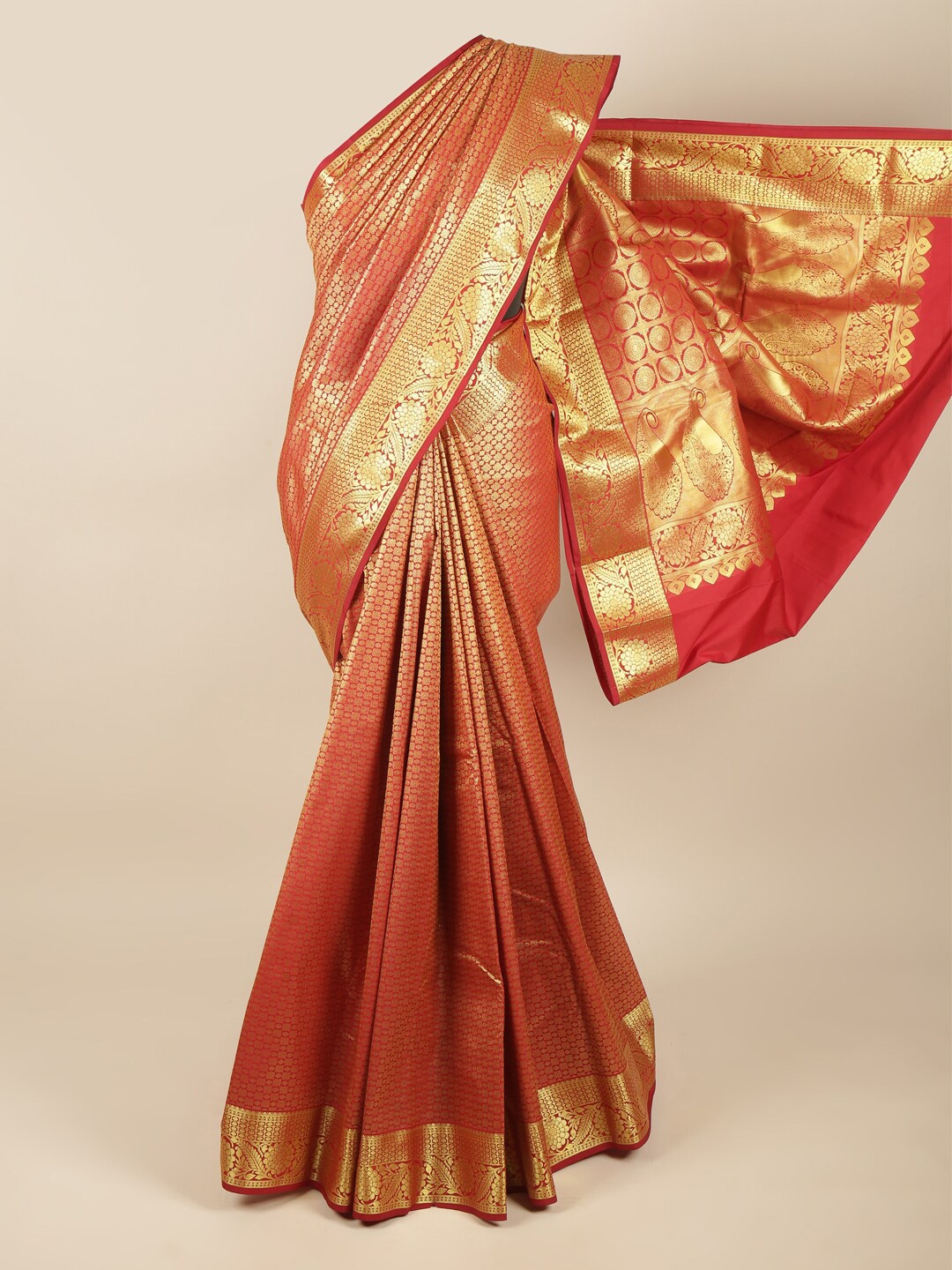 

Pothys Red & Gold-Toned Ethnic Motifs Zari Art Silk Saree