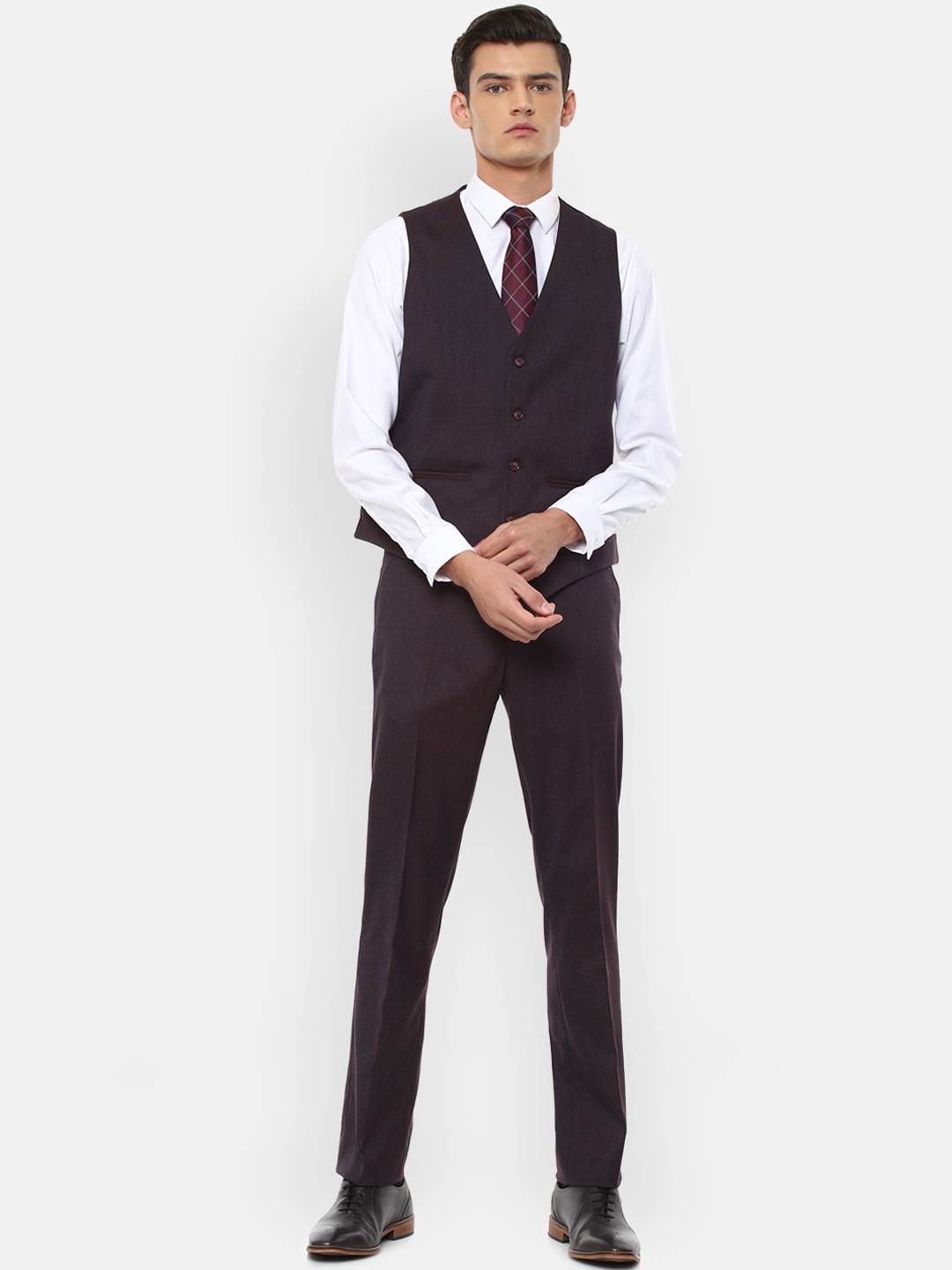 

V Dot Men Maroon Self Design Slim-Fit Single-Breasted 3-Piece Formal Suit