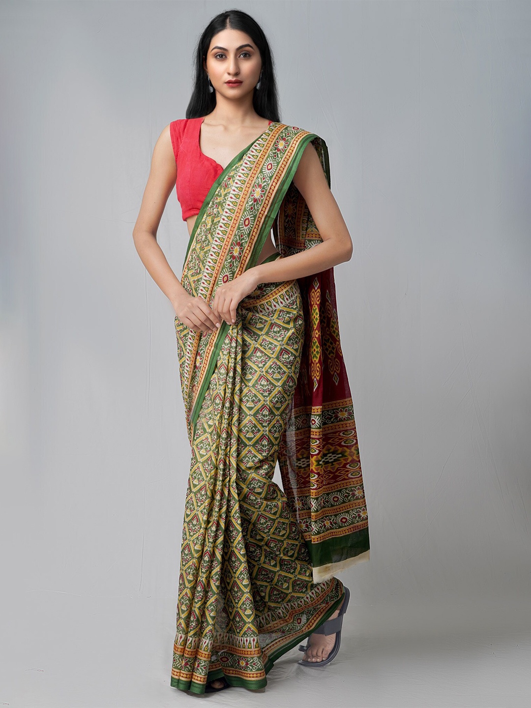

Unnati Silks Green & Red Ethnic Motifs Pure Cotton Handloom Sustainable Kovai Saree