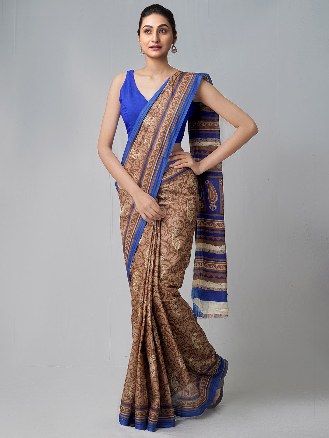 

Unnati Silks Brown & Blue Paisley Pure Handloom Sustainable Cotton Kovai Saree