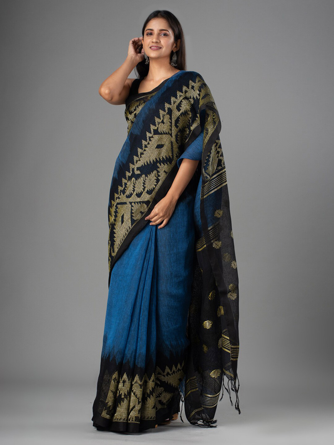 

Mitera Women Blue & black Woven Design Pure Linen Saree