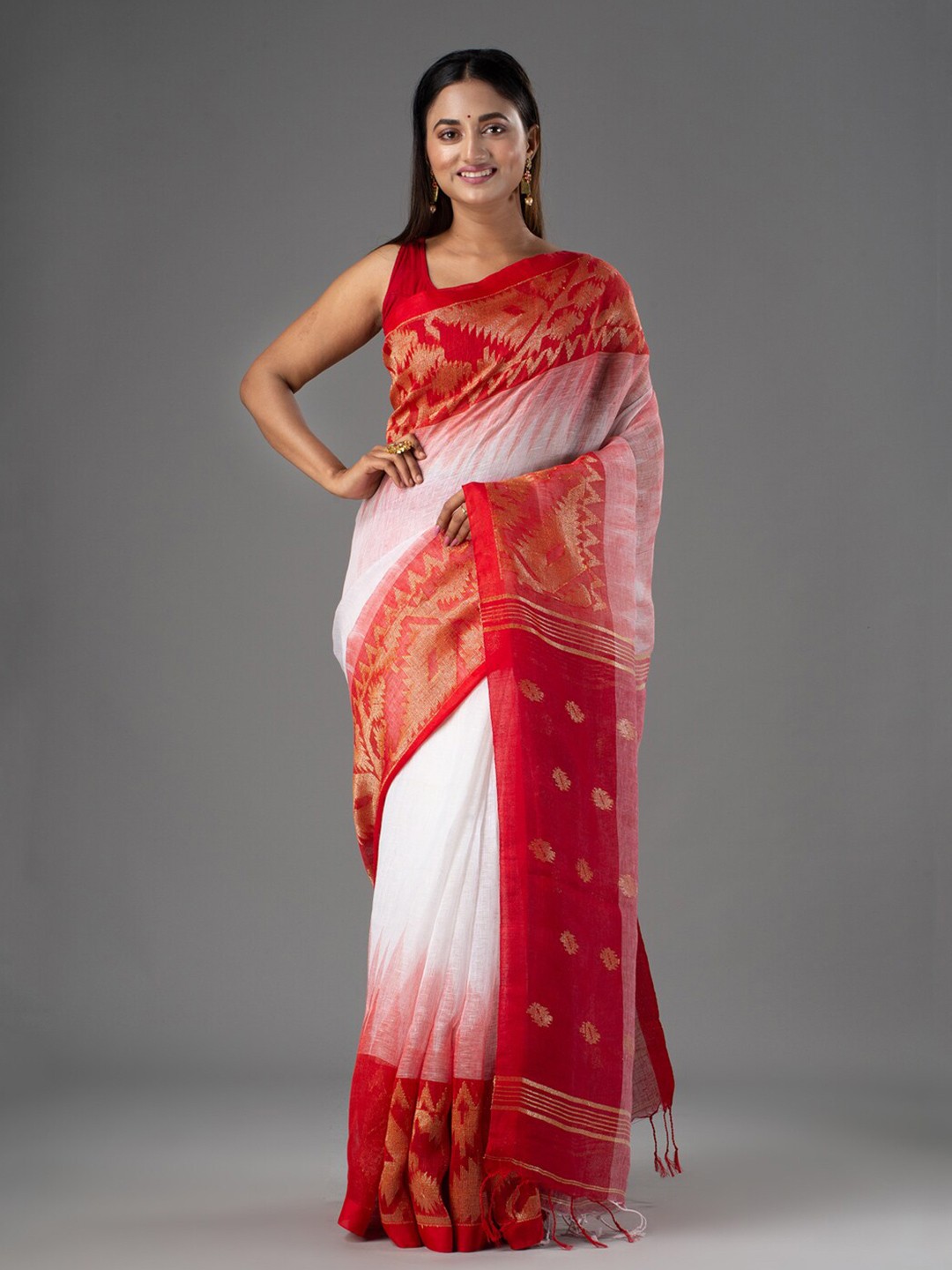 

Mitera White & Red Woven Design Zari Pure Linen Saree