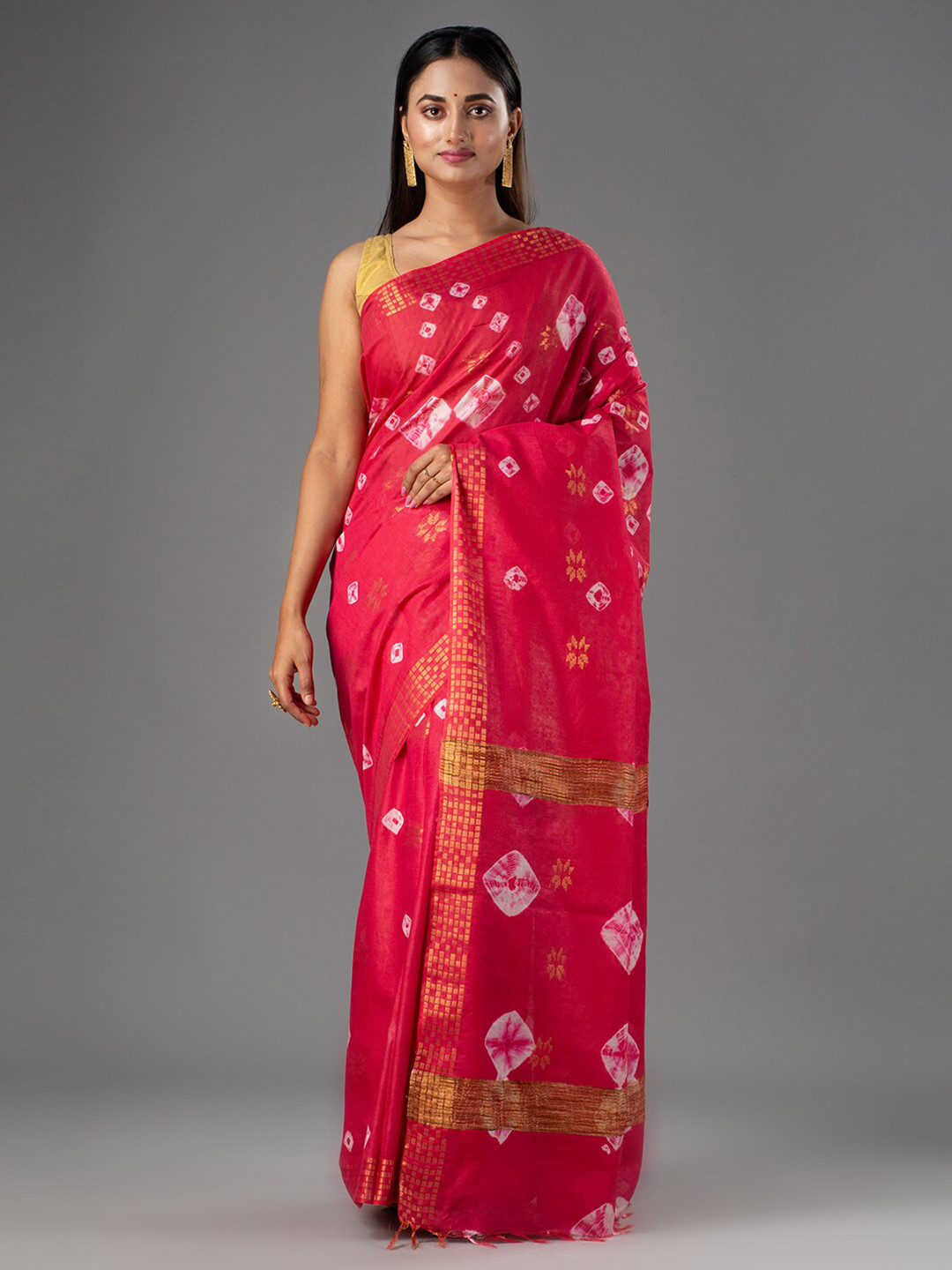

Mitera Pink & White Floral Zari Silk Cotton Bhagalpuri Saree