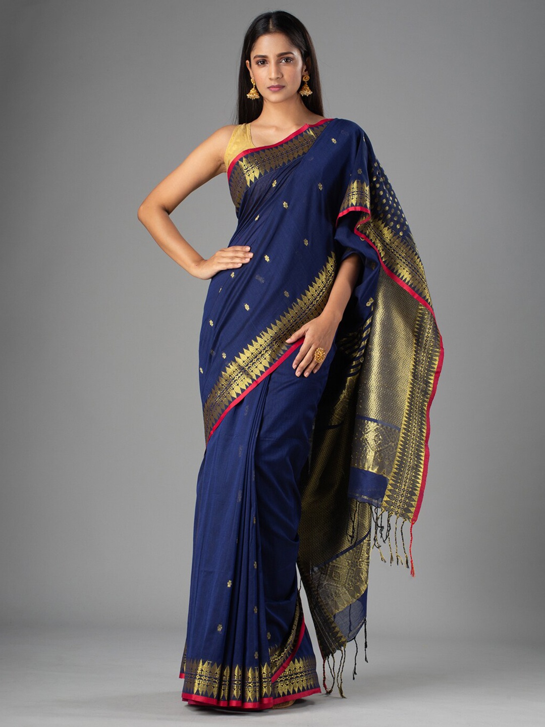 

Mitera Blue & Gold-Toned Ethnic Motifs Zari Pure Cotton Saree