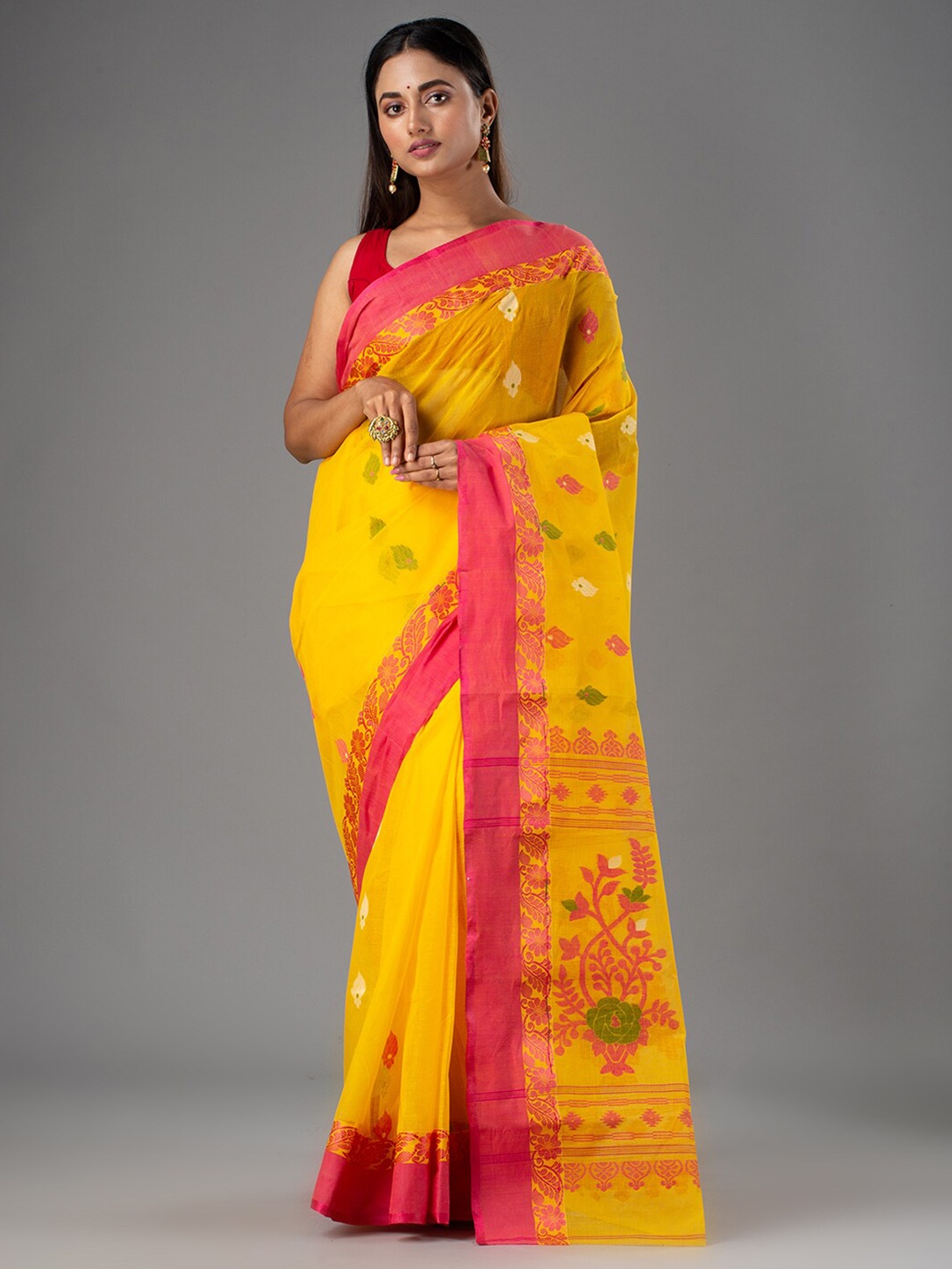 

Mitera Yellow & Green Woven Design Pure Cotton Taant Saree