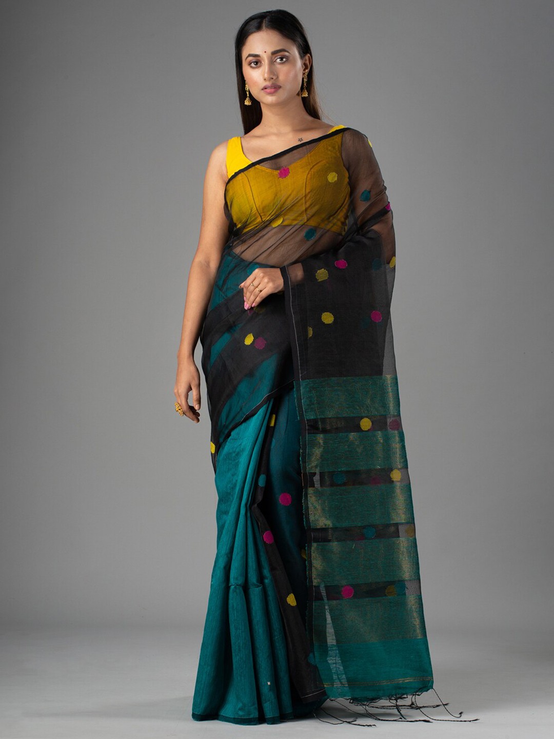 

Mitera Teal & Black Woven Design Pure Silk Saree