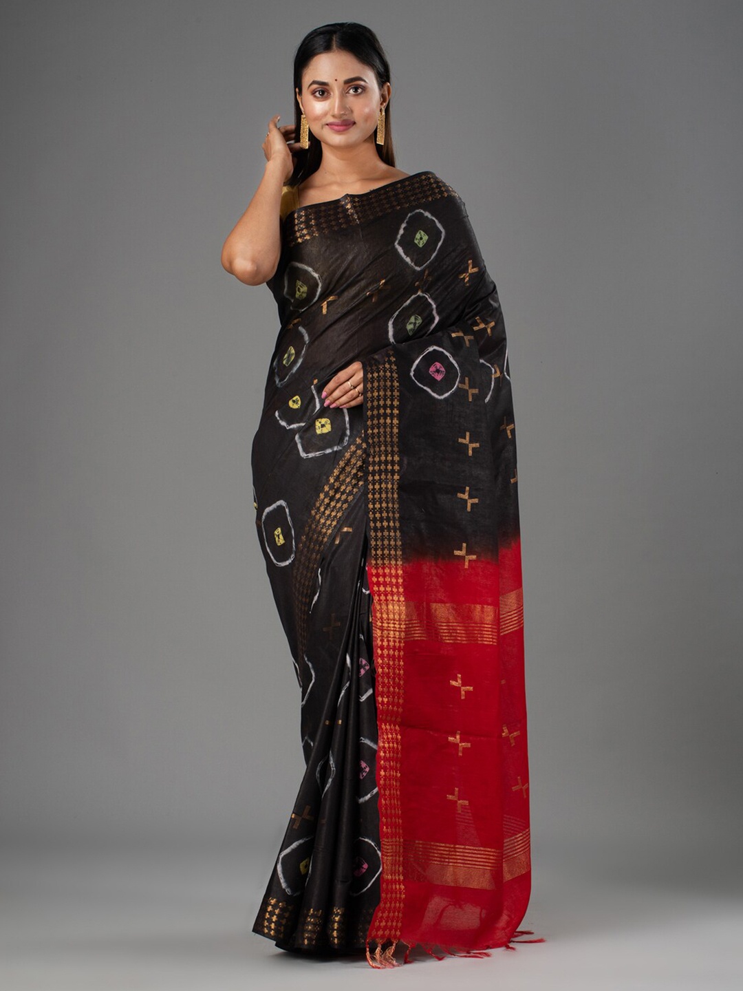 

Mitera Black & Red Bandhani Zari Silk Cotton Bhagalpuri Saree