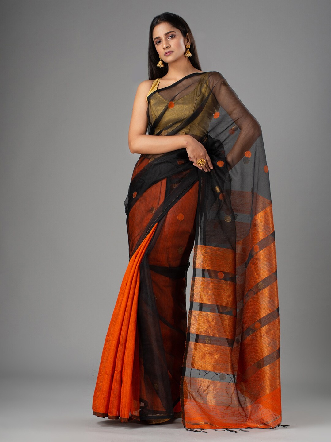 

Mitera Orange & Black Woven Design Pure Silk Saree