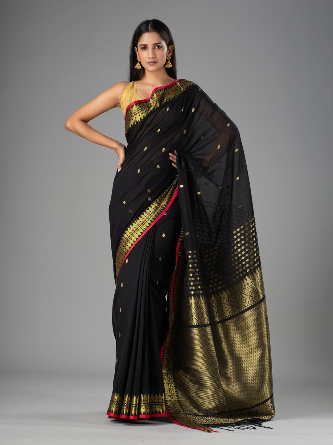 

Mitera Black & Gold-Toned Ethnic Motifs Zari Pure Cotton Saree