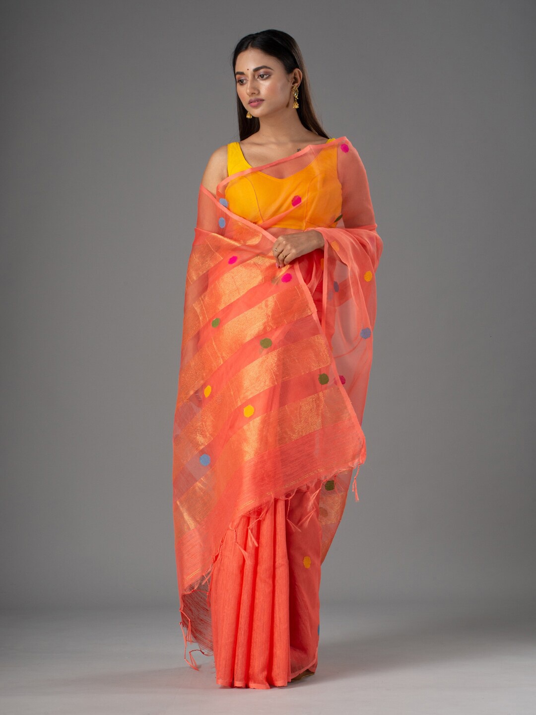 

Mitera Peach-Coloured & Blue Ethnic Motifs Zari Pure Silk Saree