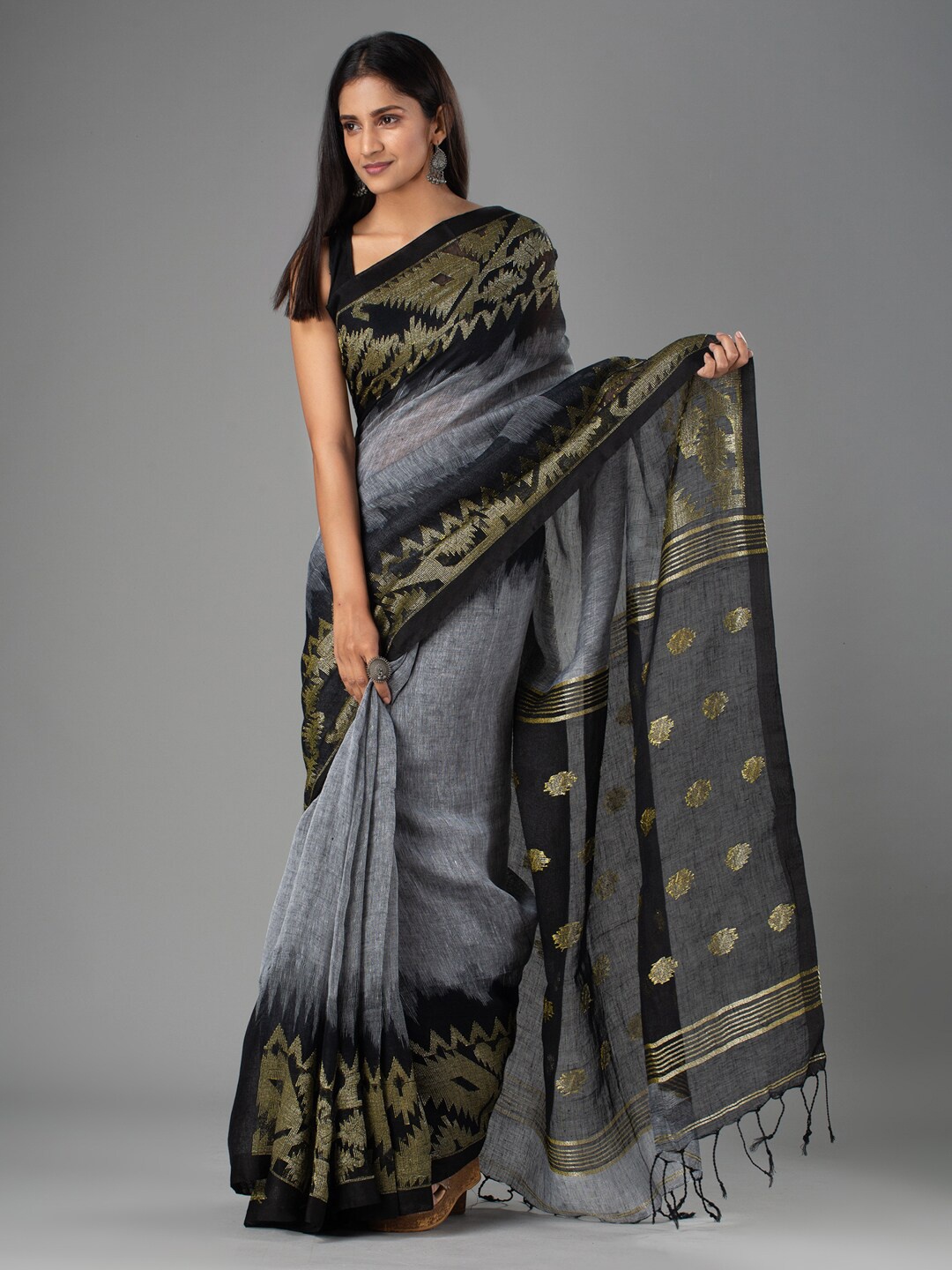 

Mitera Grey & Black Woven Design Pure Linen Saree