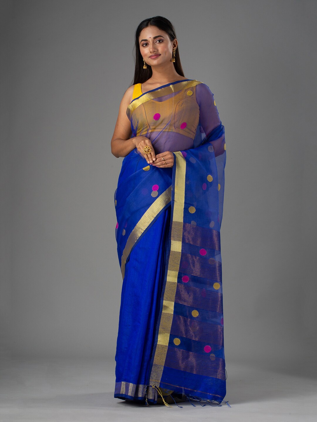

Mitera Blue & Gold-Toned Woven Design Zari Pure Silk Saree