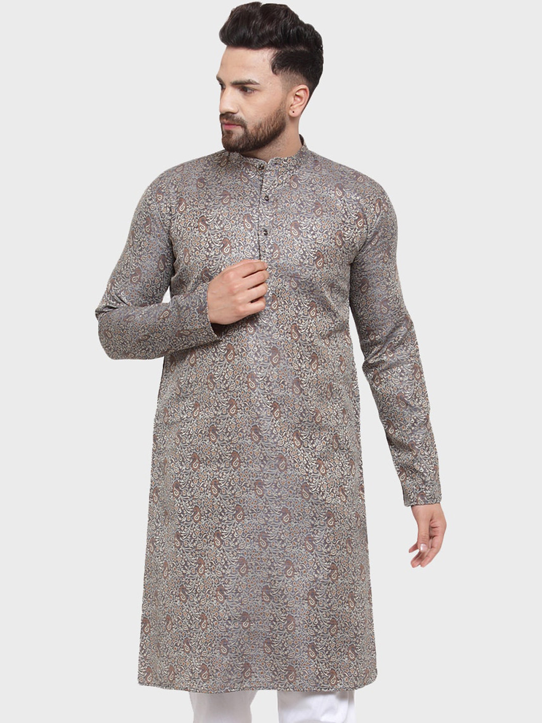 

Jompers Men Grey & Brown Ethnic Motifs Woven Design Jacquard Kurta