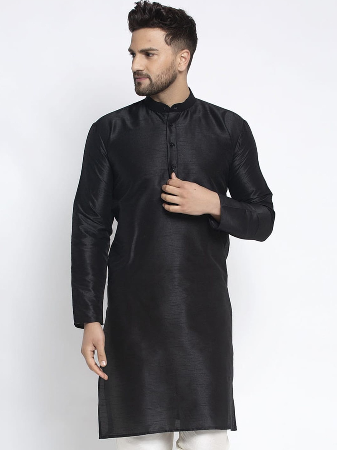 

Jompers Men Black Solid Dupion Silk Thread Work Straight Kurta