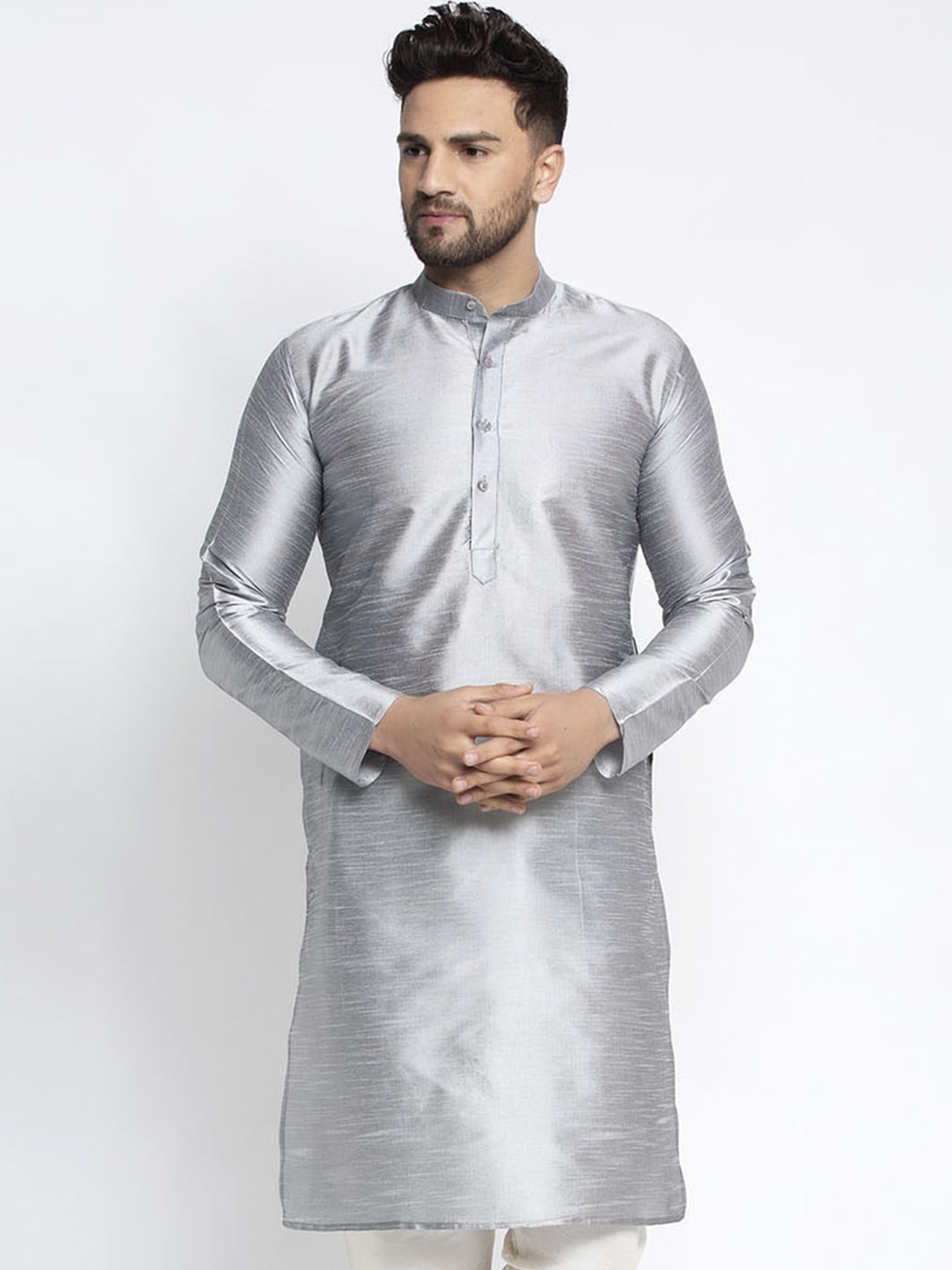 

Jompers Men Silver Solid Dupion Silk Thread Work Straight Kurta