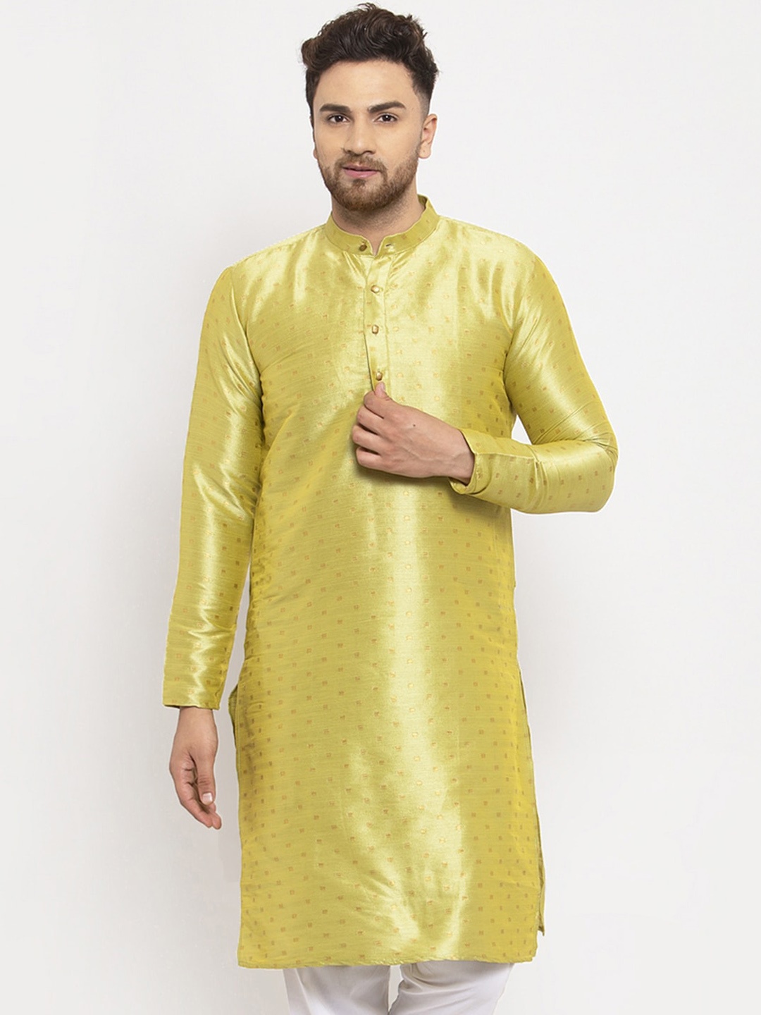 

Jompers Men Lime Yellow Dupion Silk Abstract Woven Design Kurta