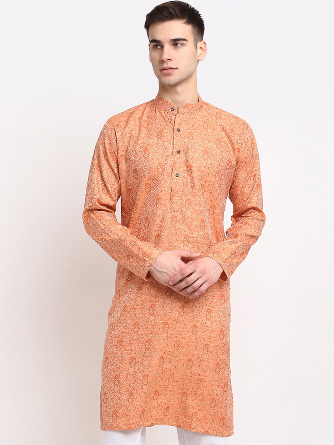 

Jompers Men Peach-Coloured Ethnic Motifs Woven Design Jacquard Kurta