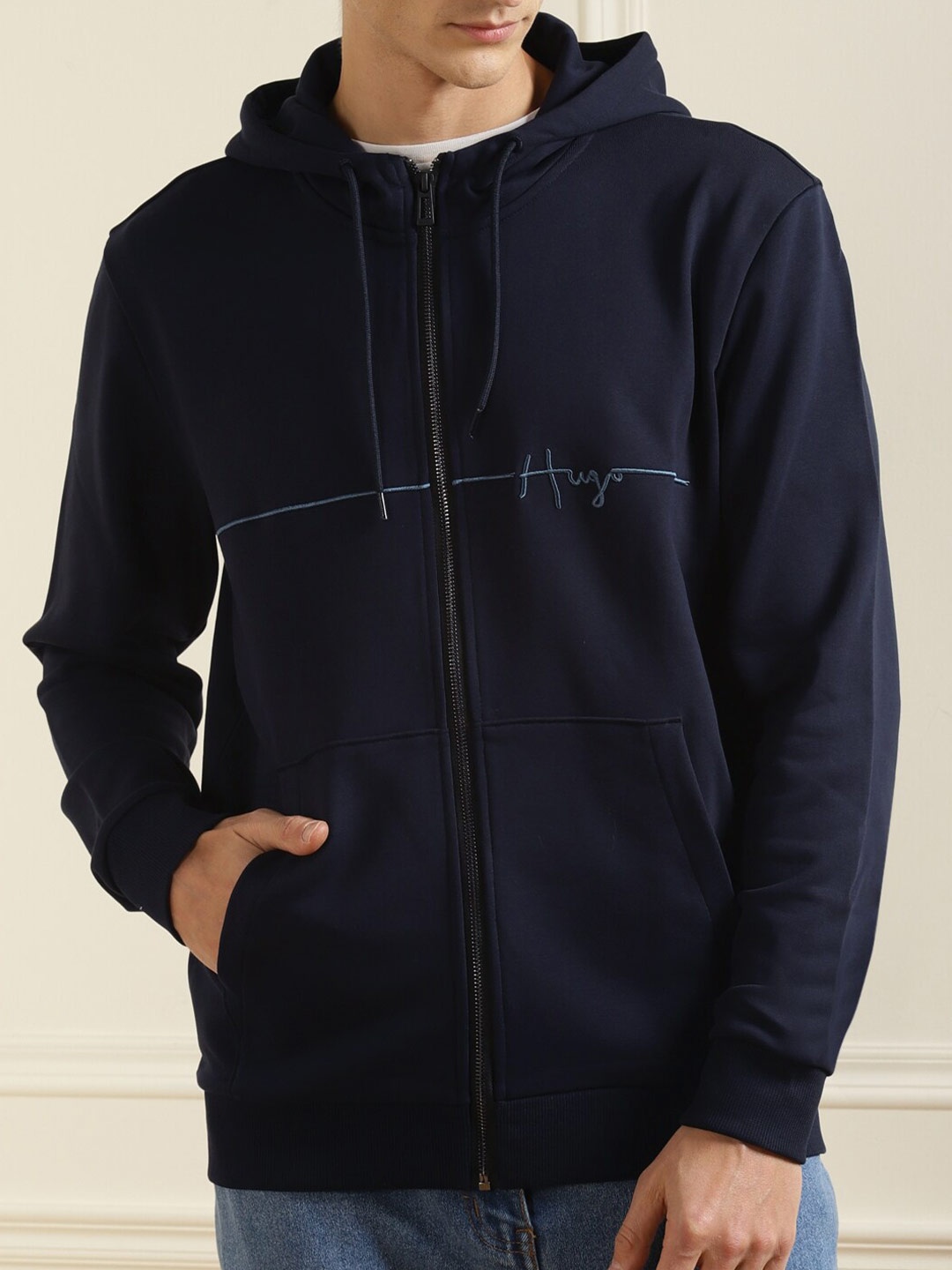 

HUGO Men Navy Blue Solid Hooded Sweatshirt