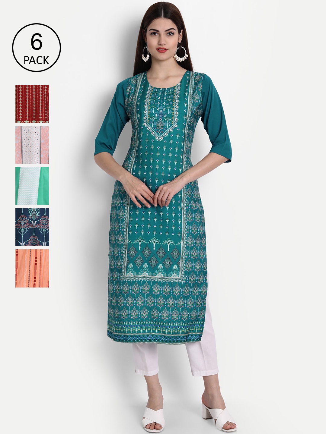 

1 Stop Fashion Women Pack of 6 Digital Print Straight Kurtas, Multi