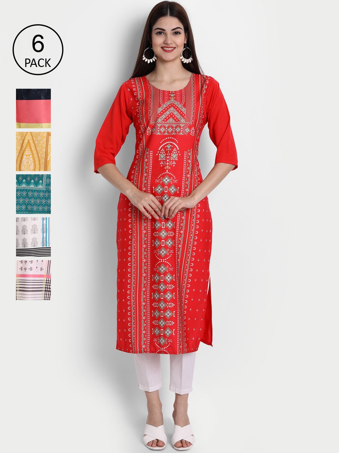

1 Stop Fashion Women Pack of 6 Digital Print Straight Kurtas, Multi