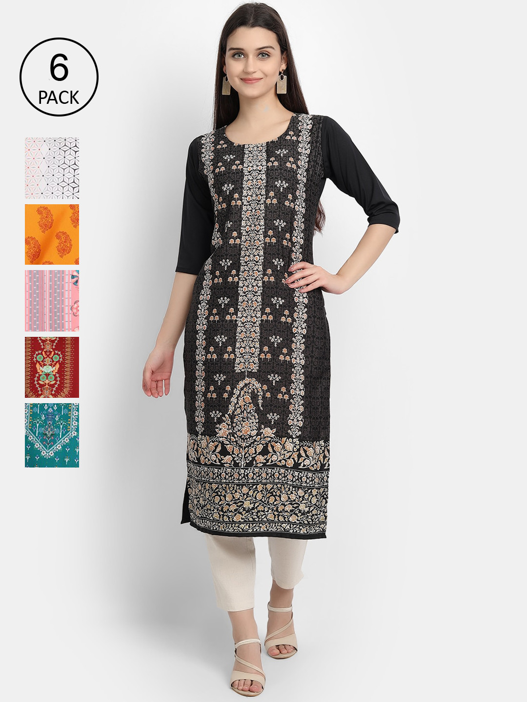 

1 Stop Fashion Women Pack of 6 Digital Print Straight Kurtas, Multi