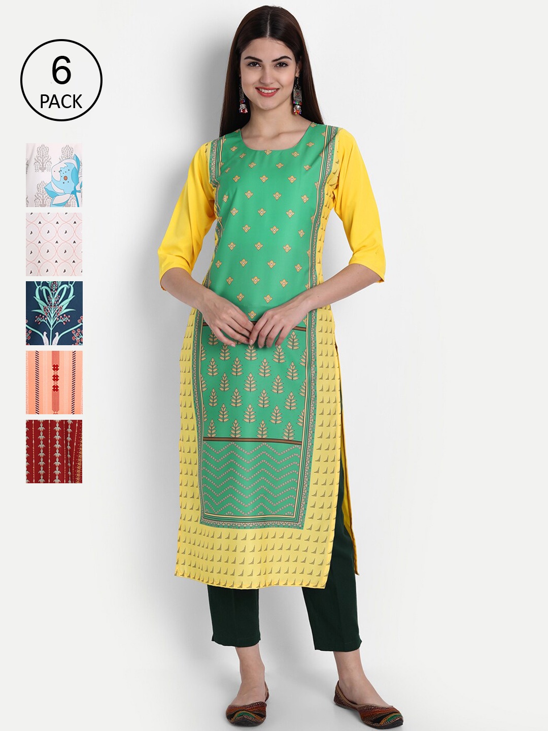 

1 Stop Fashion Women Pack of 6 Digital Print Straight Kurtas, Multi