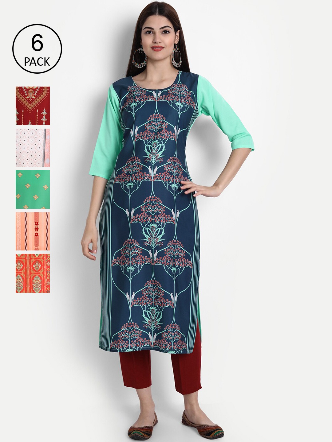 

1 Stop Fashion Women Pack of 6 Multicoloured Printed Straight Kurtas, Multi