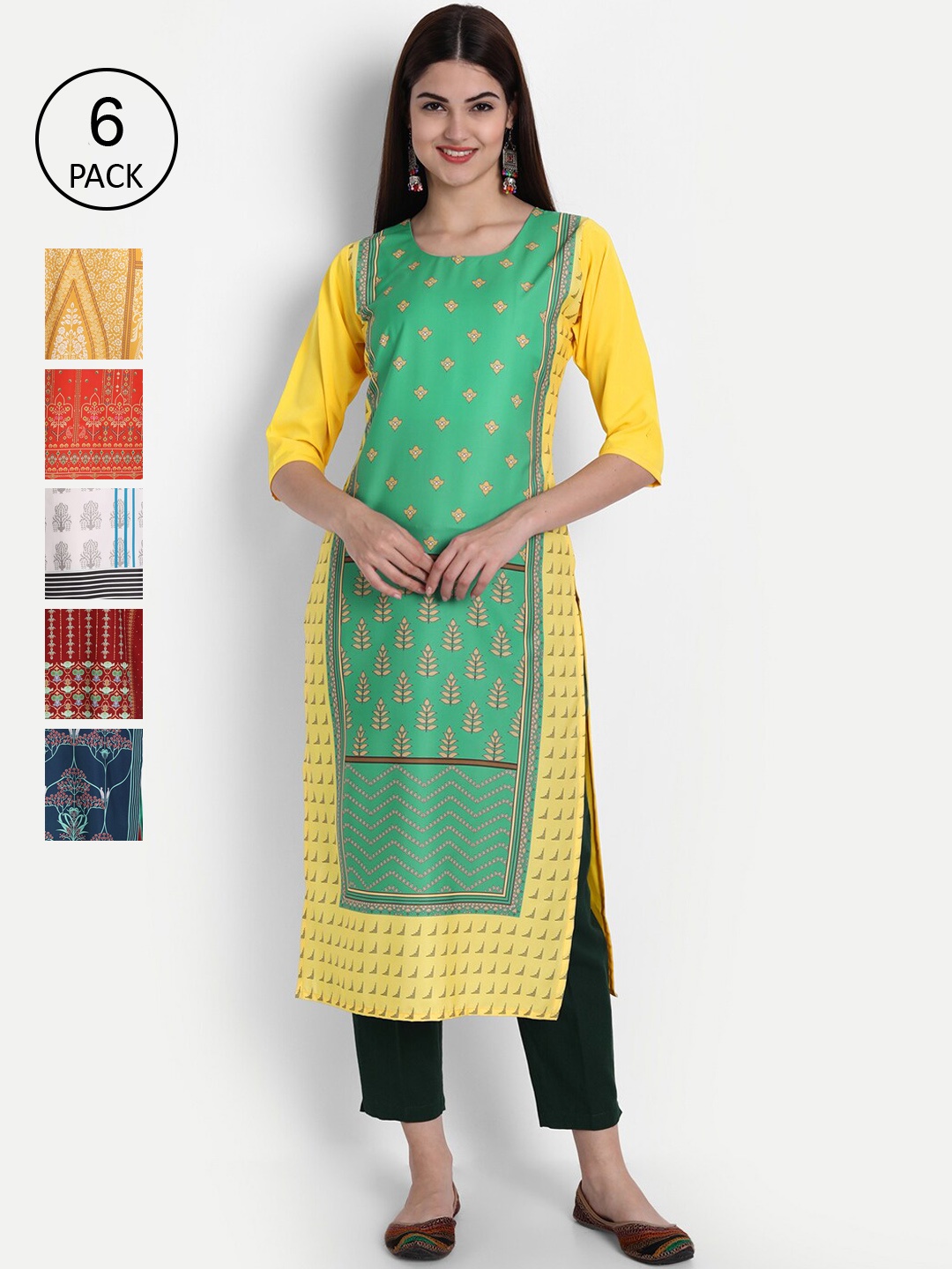 

1 Stop Fashion Women Pack of 6 Digital Print Straight Kurtas, Multi