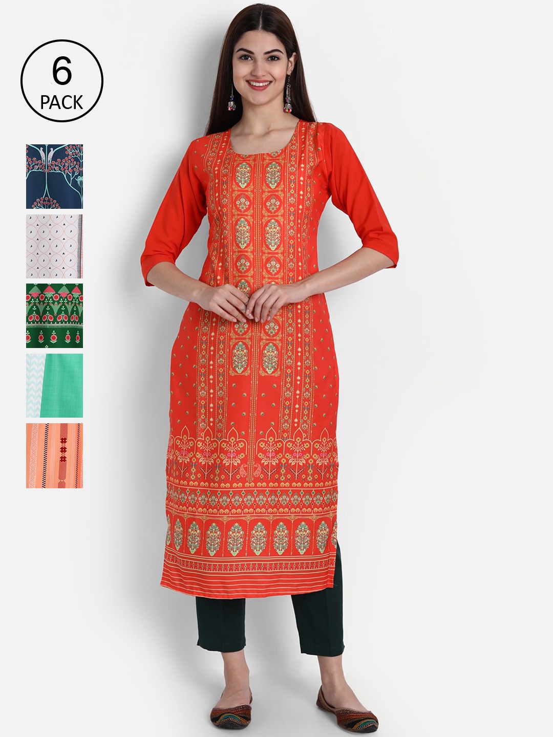 

1 Stop Fashion Women Pack Of 6 Multicoloured Digital Printed Crepe Kurta, Multi