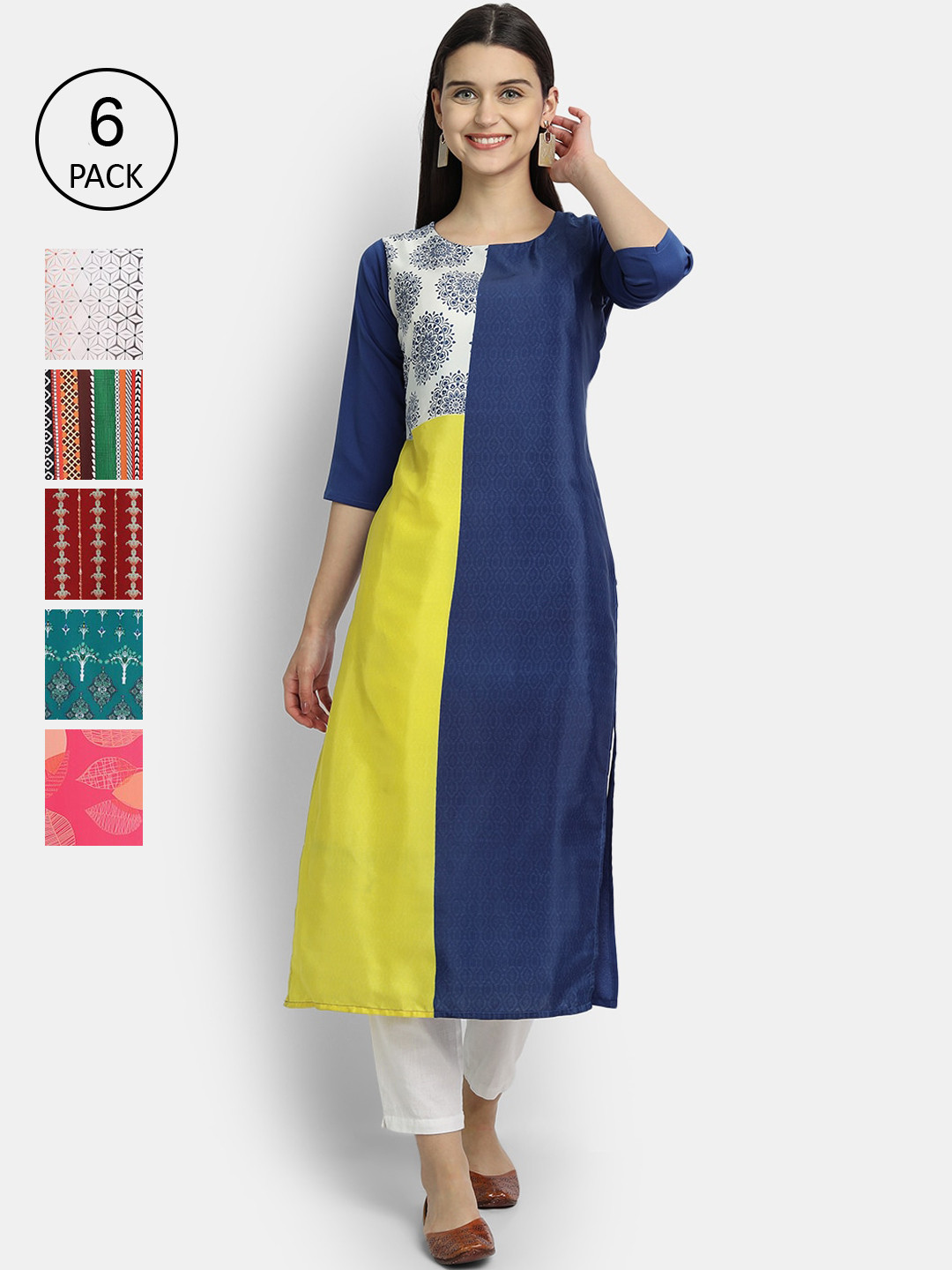 

1 Stop Fashion Women Pack of 6 Digital Print Straight Kurtas, Multi