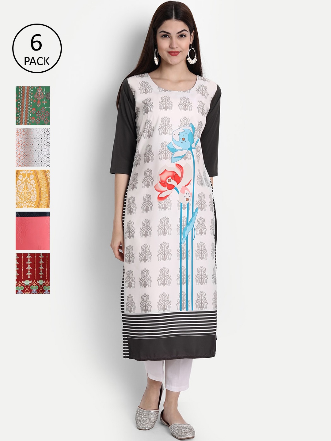 1 Stop Fashion Women Pack of 6 Digital Print Straight Kurtas, Multi