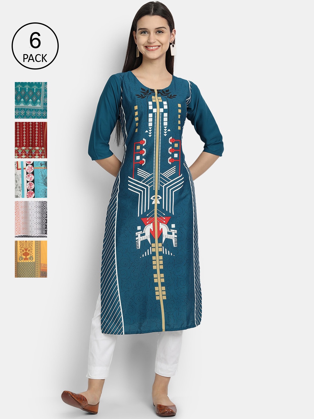 

1 Stop Fashion Women Pack of 6 Digital Print Straight Kurtas, Multi