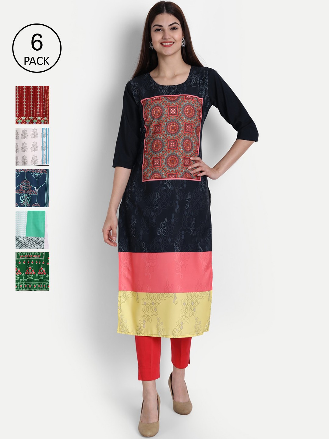 

1 Stop Fashion Women Pack of 6 Digital Print Straight Kurtas, Multi