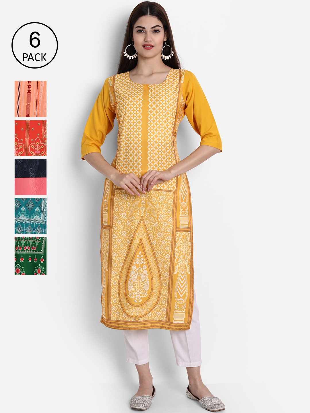 

1 Stop Fashion Women Pack Of 6 Multicoloured Digital Printed Crepe Kurta, Multi