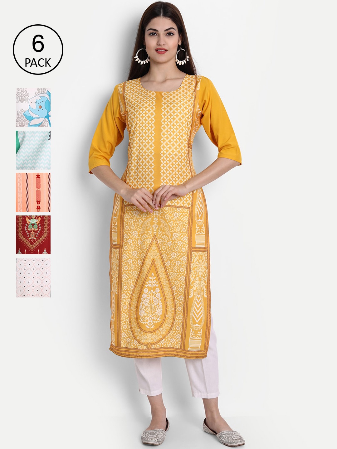 

1 Stop Fashion Women Pack of 6 Digital Print Straight Kurtas, Multi