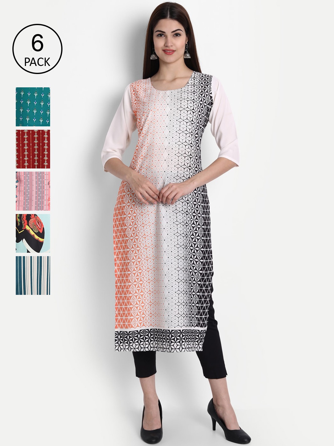 

1 Stop Fashion Women Pack of 6 Digital Print Straight Kurtas, Multi