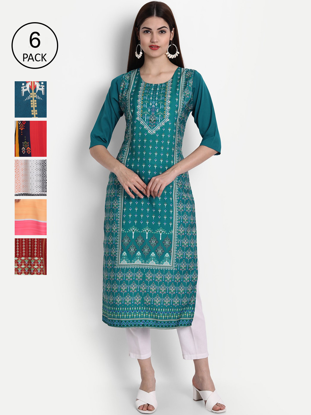 

1 Stop Fashion Women Pack of 6 Multicoloured Printed Straight Kurtas, Multi