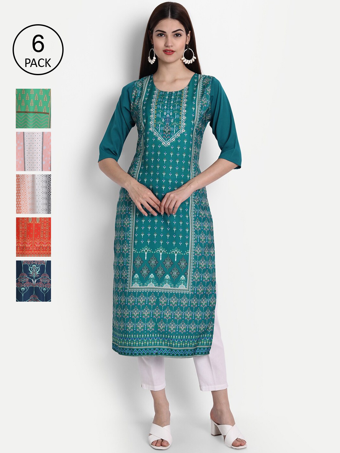

1 Stop Fashion Women Pack of 6 Digital Print Straight Kurtas, Multi