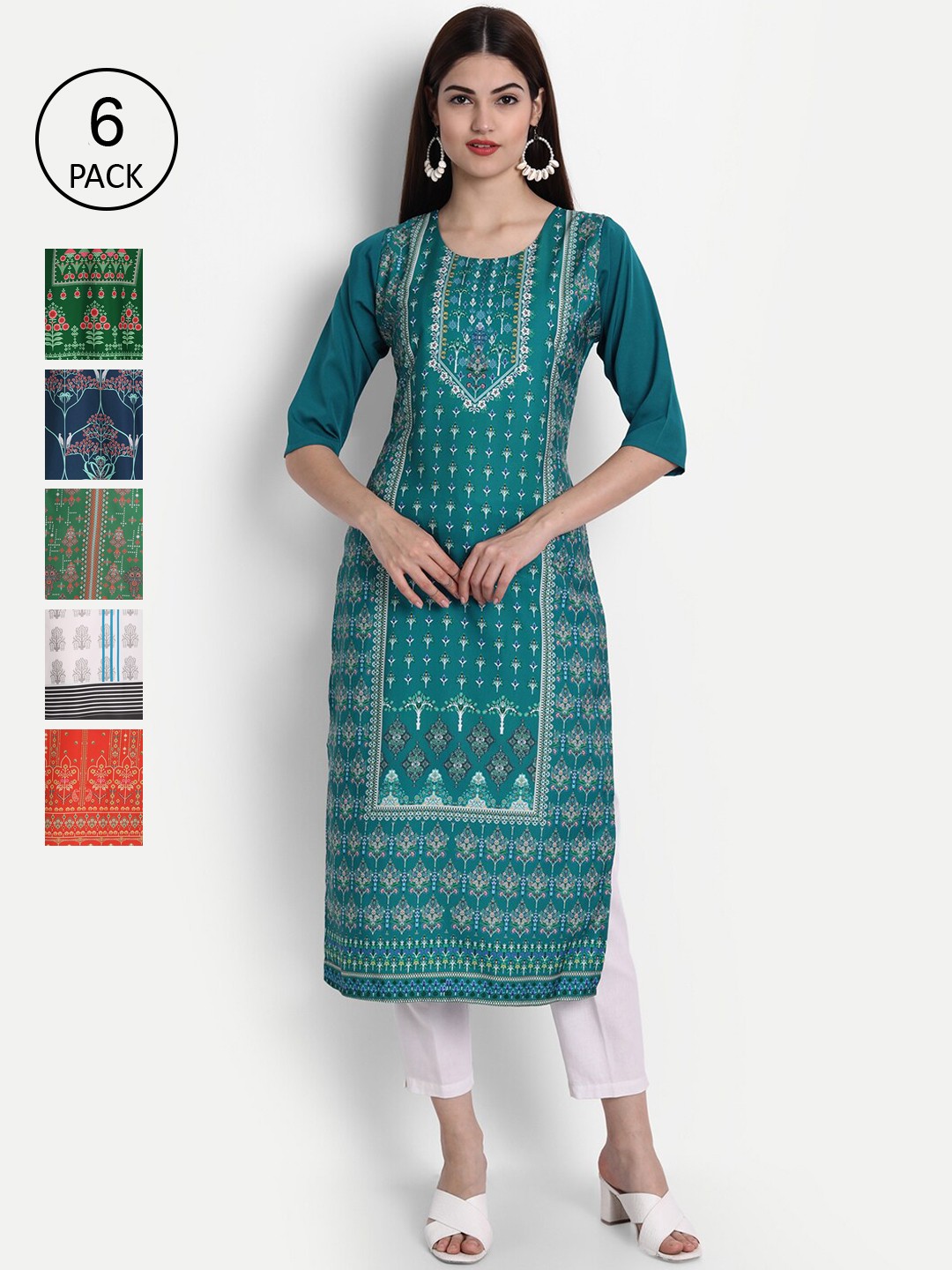 

1 Stop Fashion Women Pack of 6 Digital Print Straight Kurtas, Multi
