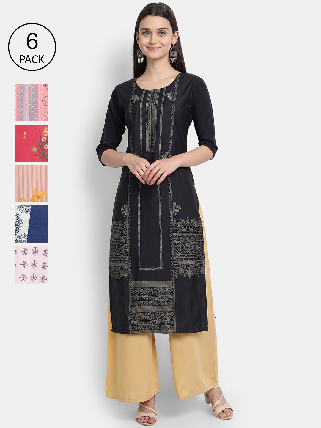

1 Stop Fashion Women Pack of 6 Digital Print Straight Kurtas, Multi