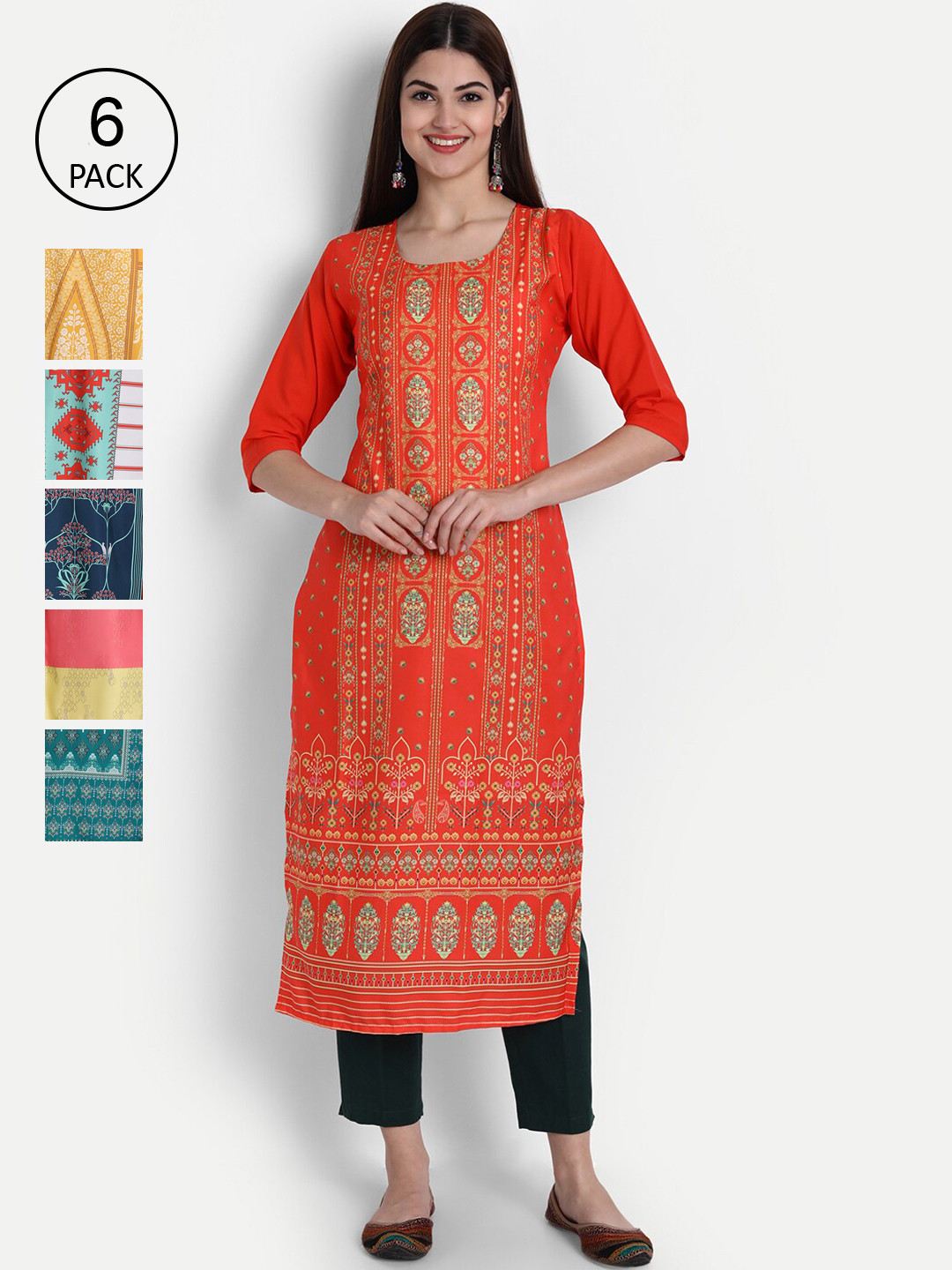 

1 Stop Fashion Women Pack of 6 Digital Print Straight Kurtas, Multi