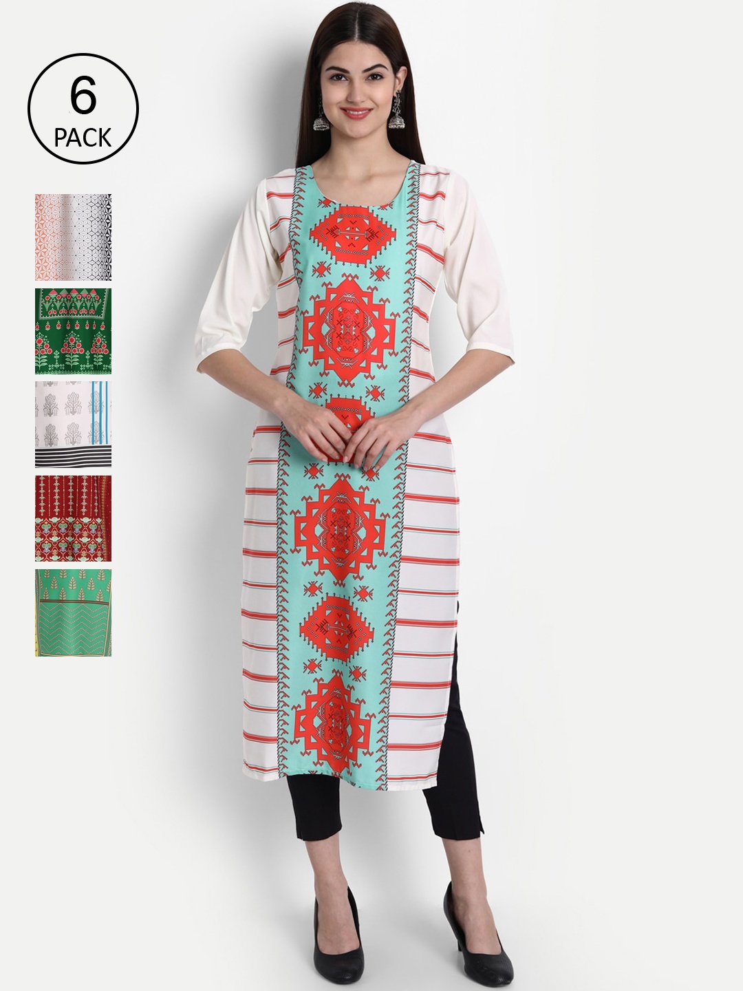 

1 Stop Fashion Women Pack Of 6 Multicoloured Digital Printed Crepe Kurta, Multi