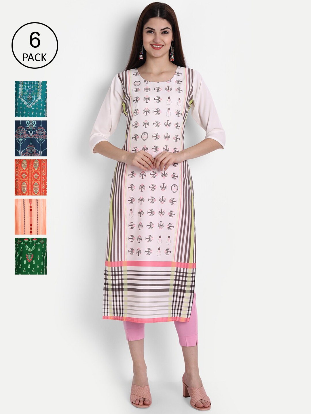 

1 Stop Fashion Women Pack of 6 Multicoloured Printed Straight Kurtas, Multi