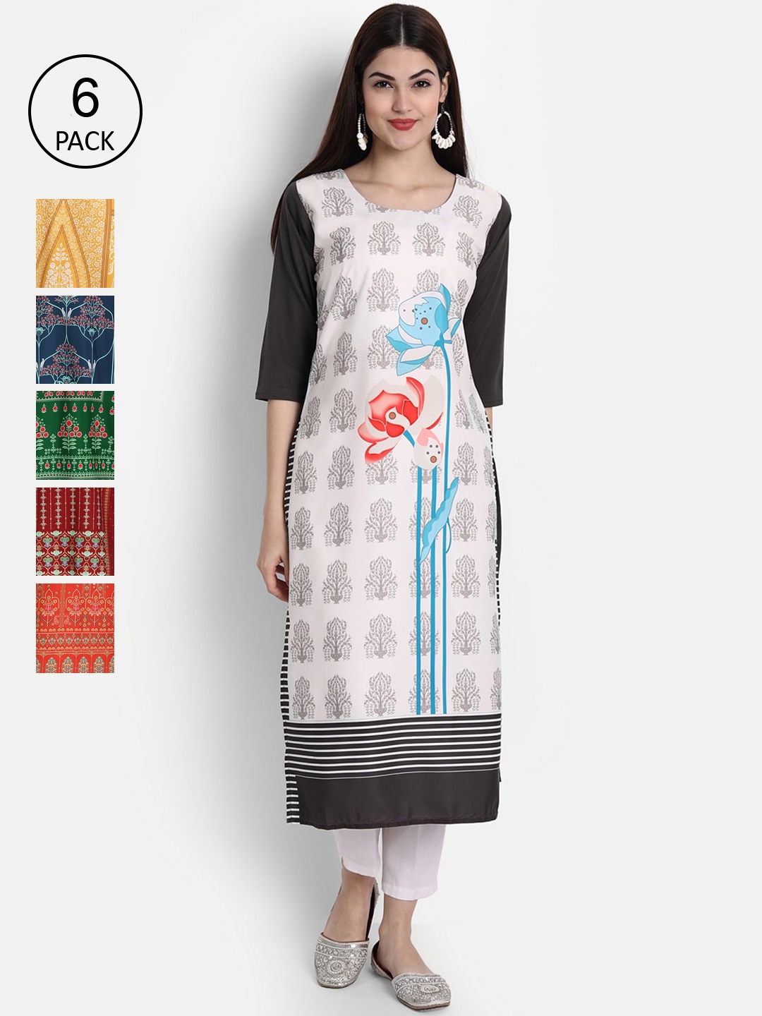 

1 Stop Fashion Women Pack Of 6 Multicoloured Digital Printed Crepe Kurta, Multi